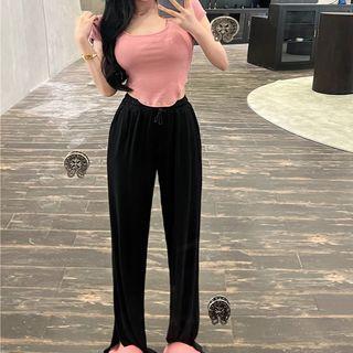 Short-sleeve Asymmetrical T-shirt / Drawstring Wide Leg Pants