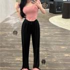 Short-sleeve Asymmetrical T-shirt / Drawstring Wide Leg Pants