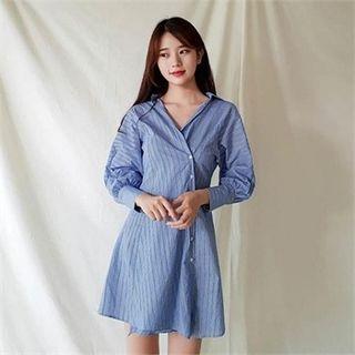 Wrap-front Wide-cuff Stripe Shirtdress