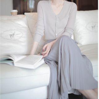 Set: V-neck Cardigan + Midi Accordion Pleat Skirt