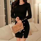 Button Detail Rib Knit Bodycon Dress