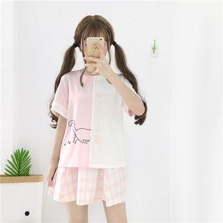 Short-sleeve Color Block Cat Print T-shirt