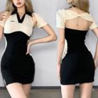 Short Sleeve V-neck Collar Color-block Cut-out Mini Bodycon Dress