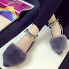 Furry Bow Accent Ankle Strap Flats