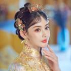 Set: Wedding Petal Headpiece + Fringed Earring Set Of 3 - Headpiece & 1 Pair - Clip On Earring - Gold & Red - One Size