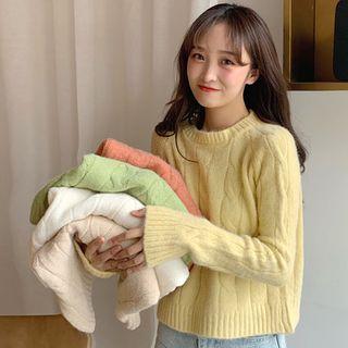 Long-sleeve Plain Cable Cropped Sweater
