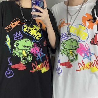 Elbow-sleeve Doodle Print T-shirt