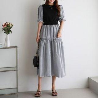 Inset Vest Shirred Stripe Long Dress