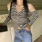Long-sleeve V-neck Cold-shoulder Striped Knit Top