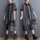 Elbow-sleeve Color Block Midi Shirtdress Gray & Black - One Size