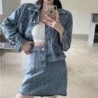 Cropped Washed Denim Jacket / Mini A-line Skirt