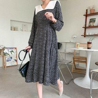 Contrast-collar Floral Print Dress Black - One Size