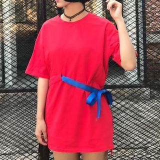 Elbow-sleeve Tie Waist T-shirt Dress