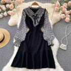 Mock Two-piece Houndstooth Panel Plain Spaghetti-strap Dress Black - One Size