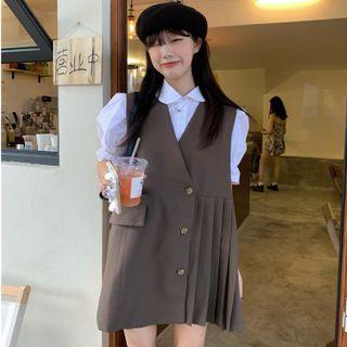 Set: Puff-sleeve Shirt + Button-up Mini Overall Dress