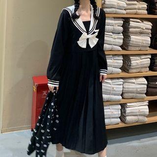 Long-sleeve Sailor Collar Bow Midi A-line Dress Black - One Size