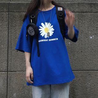 Flower Print Elbow-sleeve T-shirt Blue - One Size