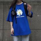 Flower Print Elbow-sleeve T-shirt Blue - One Size