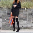 Turtle-neck Distressed Rib-knit Bodycon Dress