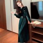 Set: Long-sleeve Midi Velvet Pleated Dress + Belt