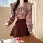 Frilled Sailor-collar Plaid Blouse Pink - One Size