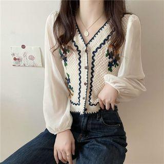 Puff Sleeve Mesh Panel V-neck Crochet Crop Cardigan
