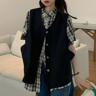 Elbow-sleeve Plaid Shirt / Button-up Vest