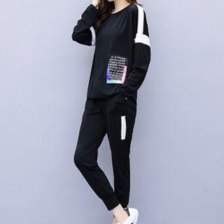 Set: Color Block Long-sleeve T-shirt + Drawstring Sweatpants