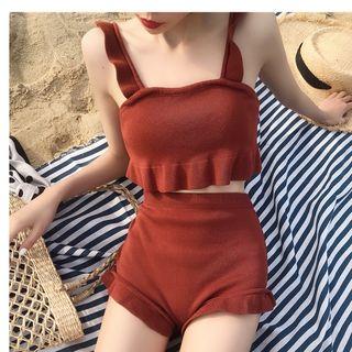 Set: Frill Trim Knit Swim Top + Swim Bottom
