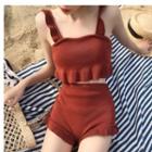 Set: Frill Trim Knit Swim Top + Swim Bottom