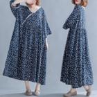 3/4-sleeve Floral Print Midi A-line Dress Blue - One Size