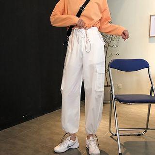 Plain Drawcord Long-sleeve Top / Plain High-waist Drawcord Cargo Pants