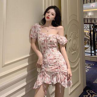 Floral Drawstring Mini A-line Dress Pink Floral - White - One Size