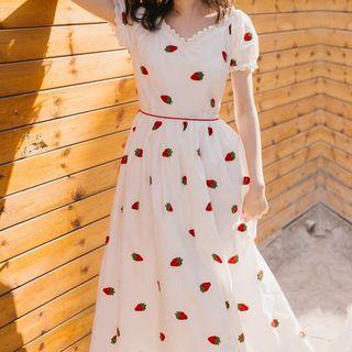 Frilled Trim Strawberry Embroidered Maxi Dress