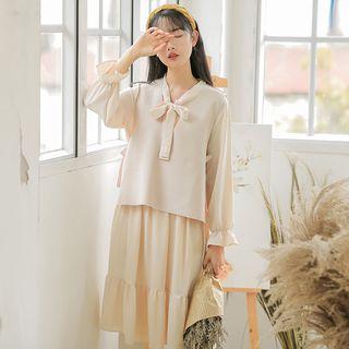 Set: Long-sleeve Tie-neck Midi Dress + V-neck Knit Vest