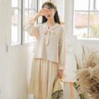 Set: Long-sleeve Tie-neck Midi Dress + V-neck Knit Vest