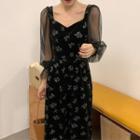 Bell-sleeve Mesh Panel Floral Print Midi A-line Dress Black - One Size