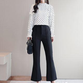 Set: Long-sleeve Dotted Blouse + Boot-cut Dress Pants