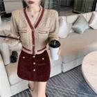 Color-block Knit Cardigan / Corduroy Skirt