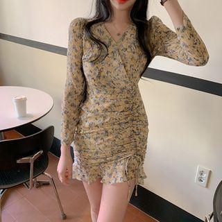 Long-sleeve V-neck Drawstring Floral Slim Fit Dress