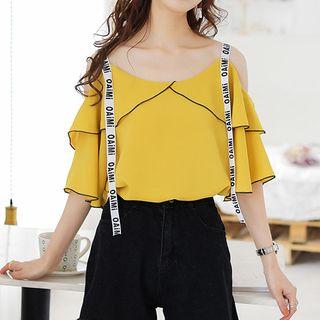 Lettering Strap Elbow-sleeve Top