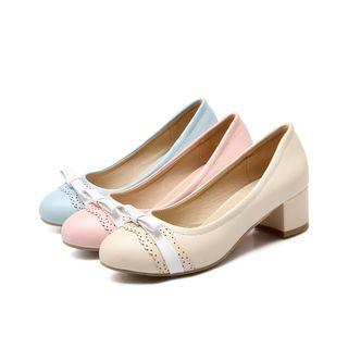 Faux Leather Ribbon Accent Mid-heel Pumps