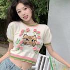 Short-sleeve Cat Print Crop Knit Top White - One Size