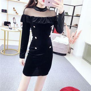 Long-sleeve Mock Neck Mesh Panel Mini Bodycon Velvet Dress