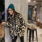 Stand-collar Furry Leopard Print Jacket