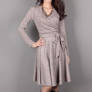 Long-sleeve Tie-waist Plain Dress