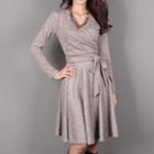 Long-sleeve Tie-waist Plain Dress