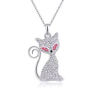 Cute Cat Pendant With Rose Red And White Austrian Element Crystal And Necklace
