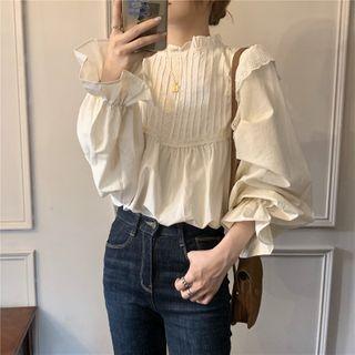 Frilled Long-sleeve Loose-fit Blouse Almond - One Size