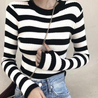 Striped Mock-neck Long-sleeve Knit Top